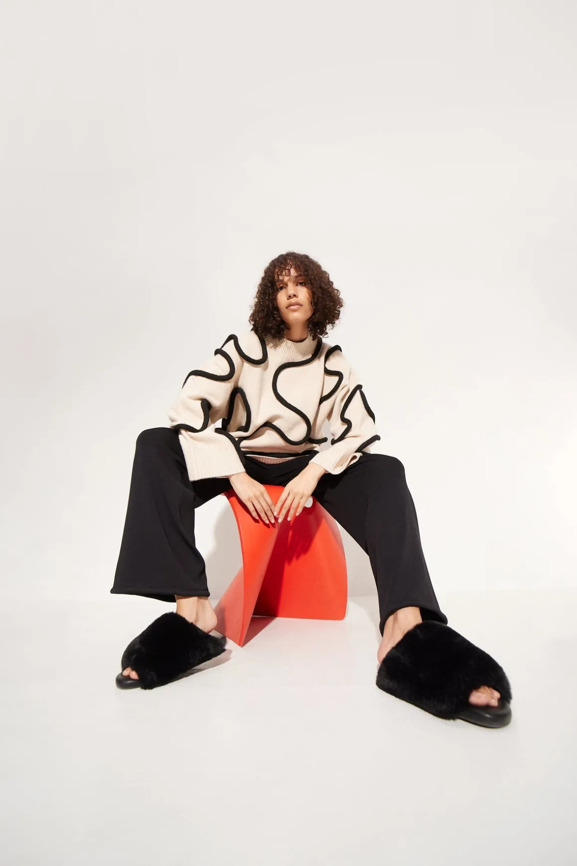Leith Squiggle Knit Sweater in Cream/Black