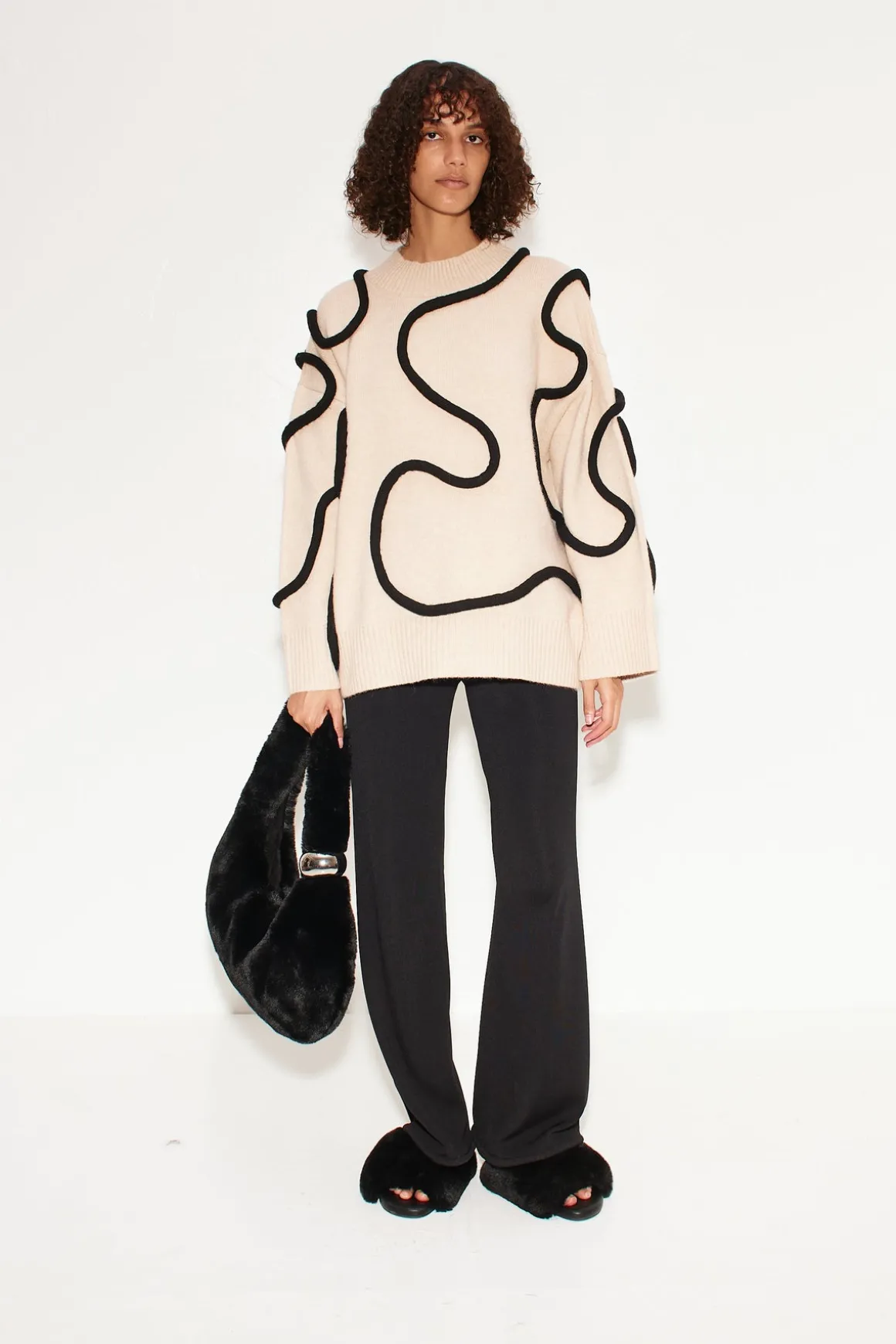 Leith Squiggle Knit Sweater in Cream/Black