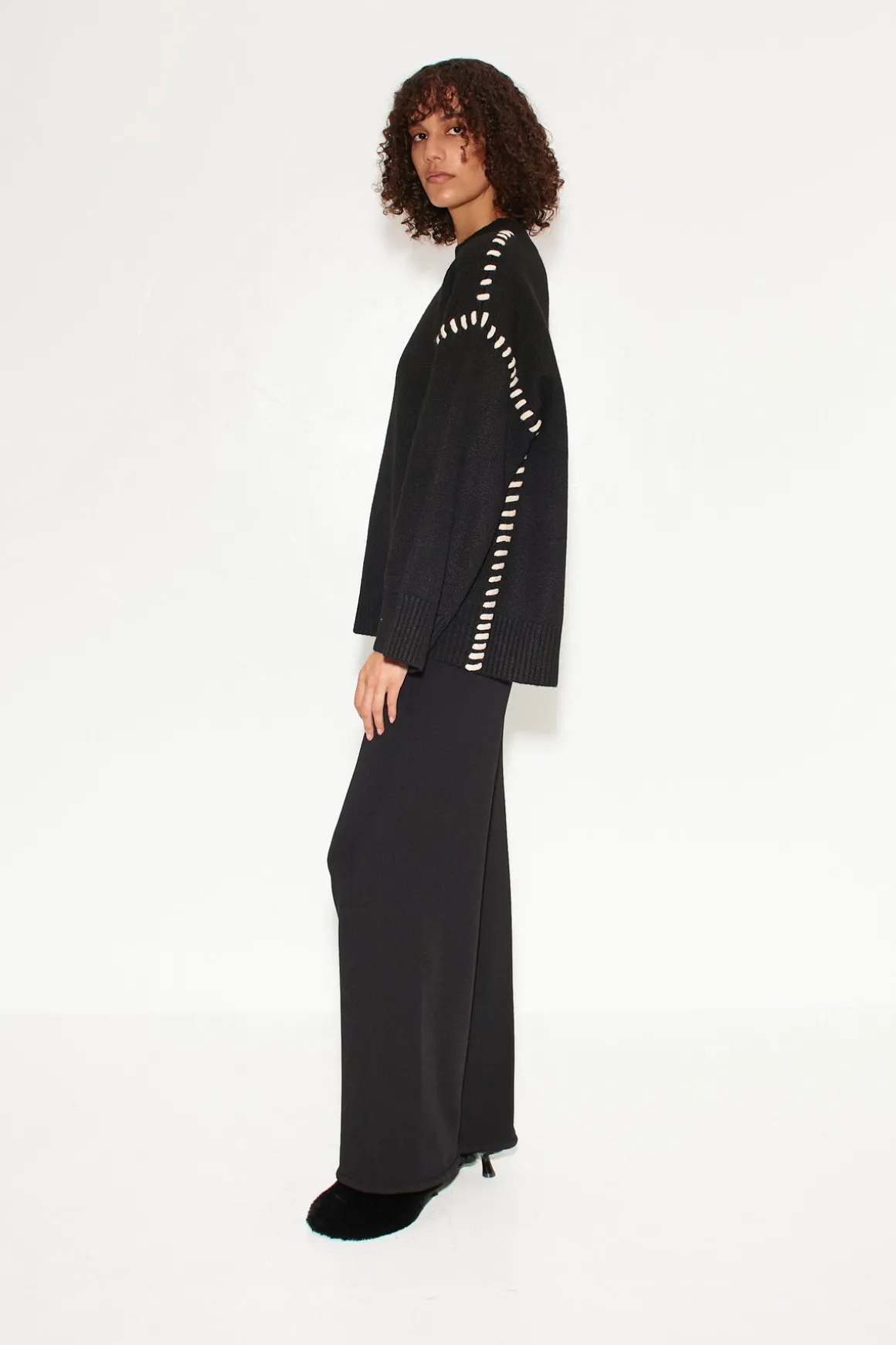 Leith Whipstitch Knit Sweater in Black with Cream