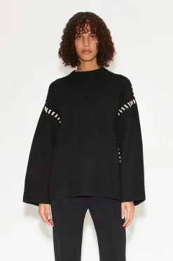 Leith Whipstitch Knit Sweater in Black with Cream