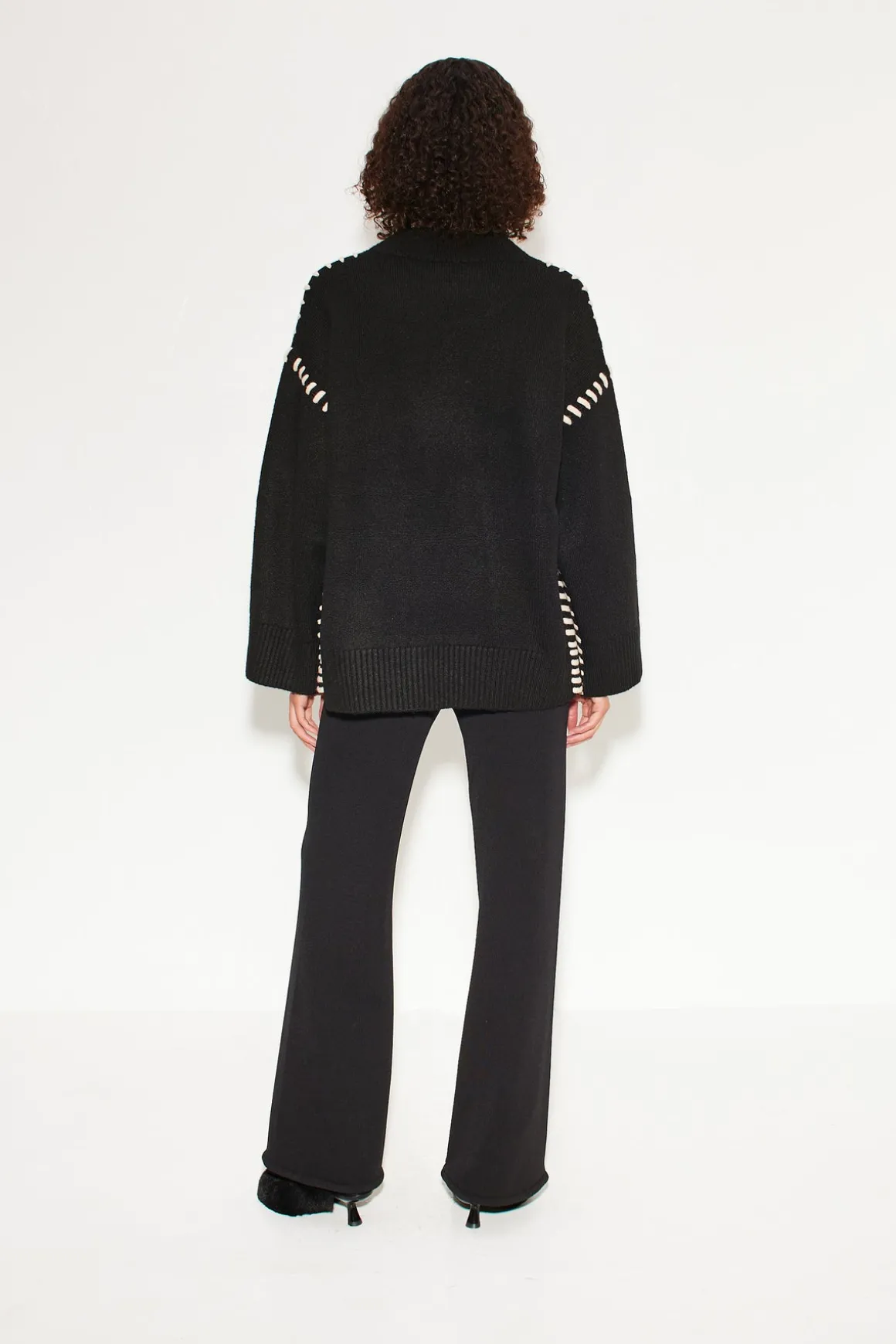 Leith Whipstitch Knit Sweater in Black with Cream