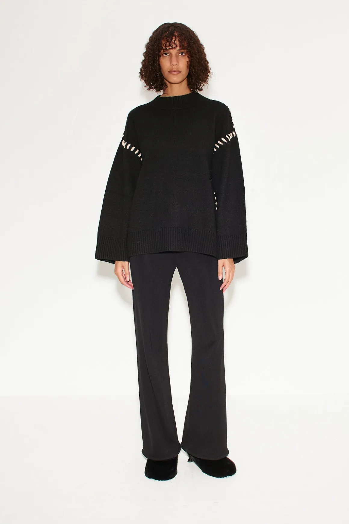 Leith Whipstitch Knit Sweater in Black with Cream