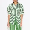 Loch Striped Poplin Button Up in Gummy Green/Ecru