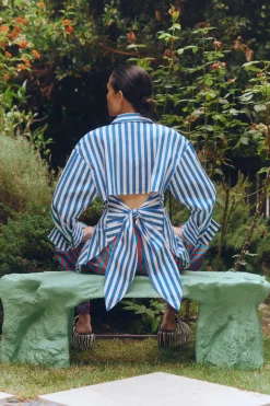 Loch Striped Poplin Button Up in Blue Stripe