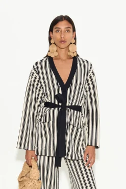 Max Belted Knit Cardigan in Black/Rice Flour Stripe