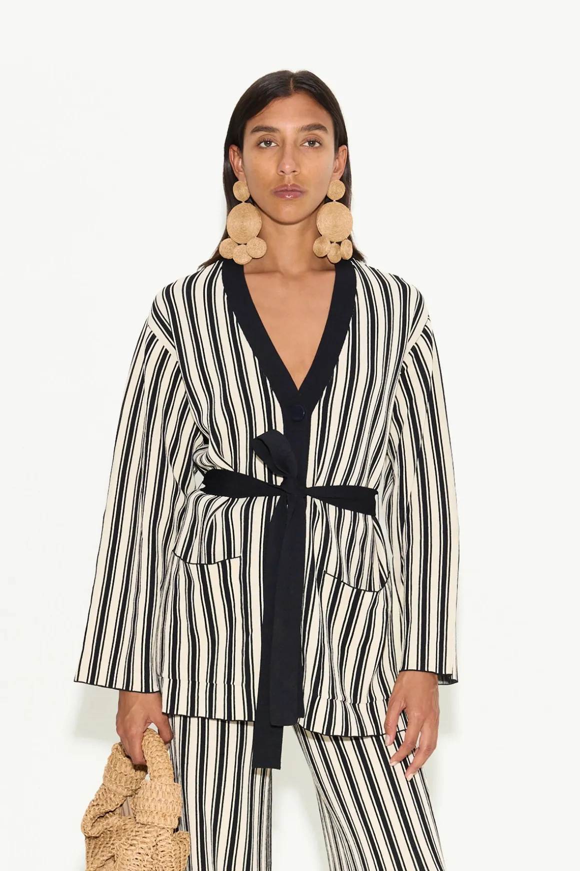 Max Belted Knit Cardigan in Black/Rice Flour Stripe