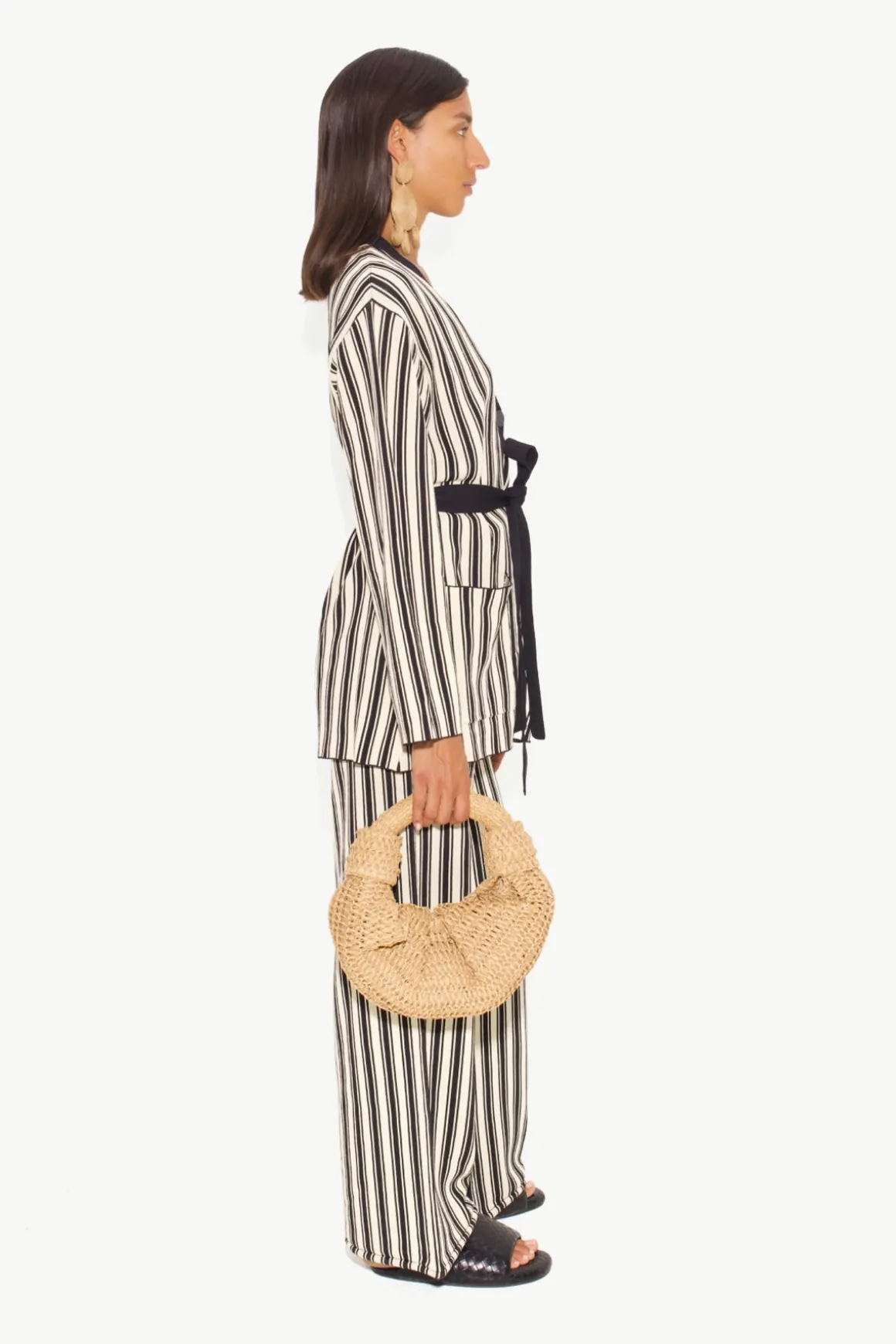 Max Belted Knit Cardigan in Black/Rice Flour Stripe