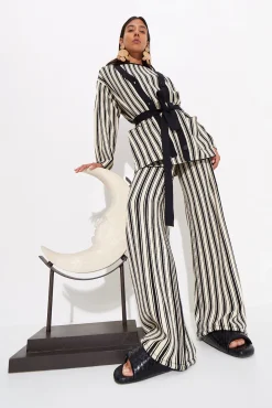Max Belted Knit Cardigan in Black/Rice Flour Stripe