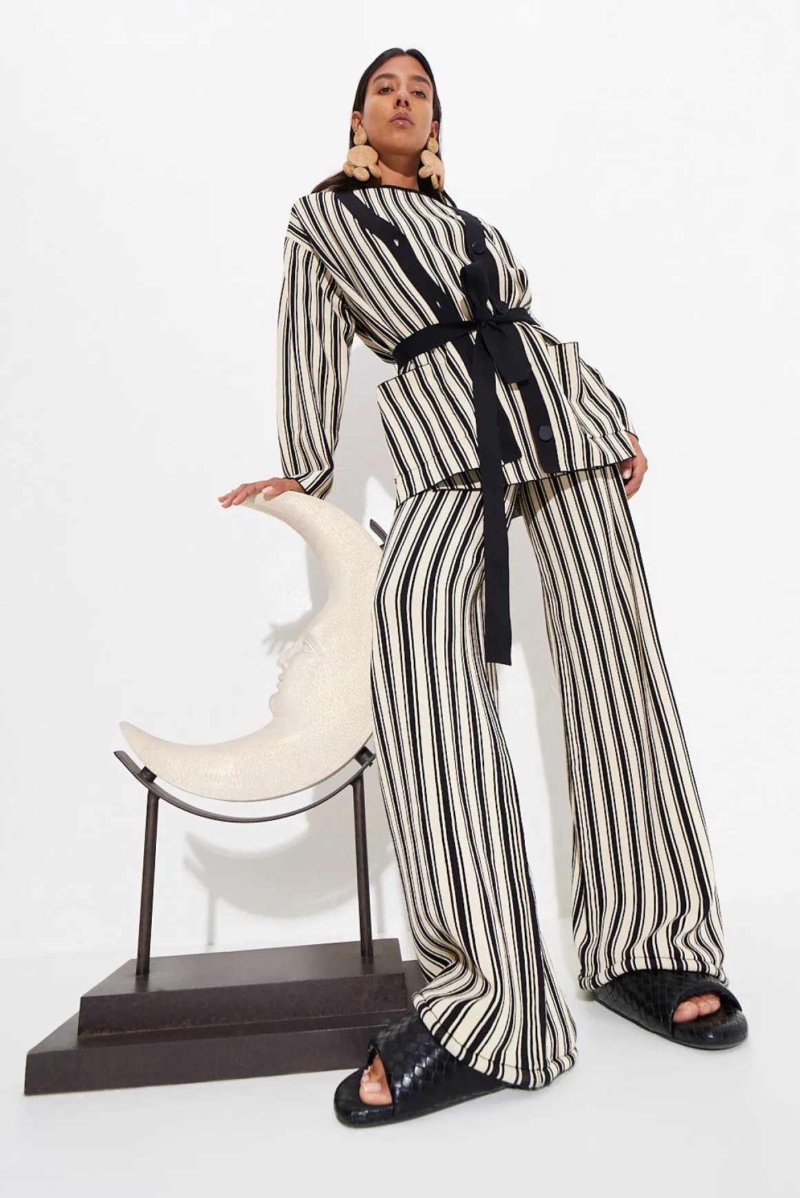 Max Belted Knit Cardigan in Black/Rice Flour Stripe