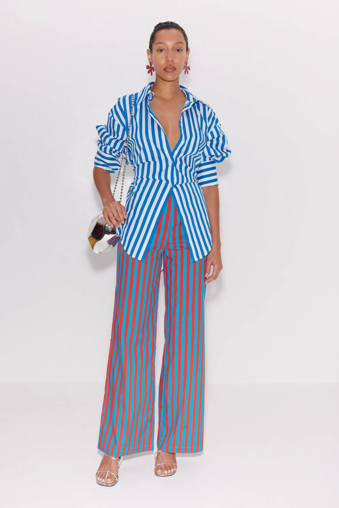 Pia Striped Poplin Pant in Blue/Paprika Stripe