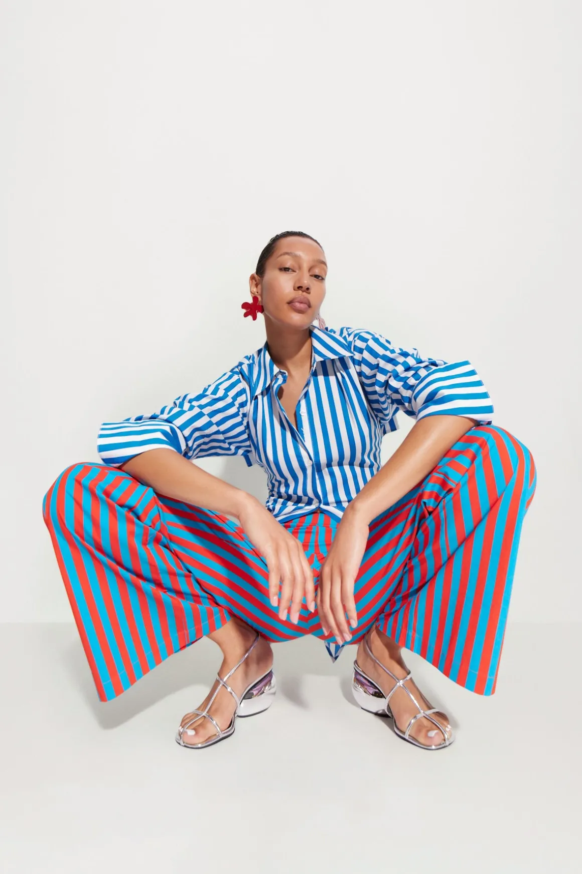 Pia Striped Poplin Pant in Blue/Paprika Stripe