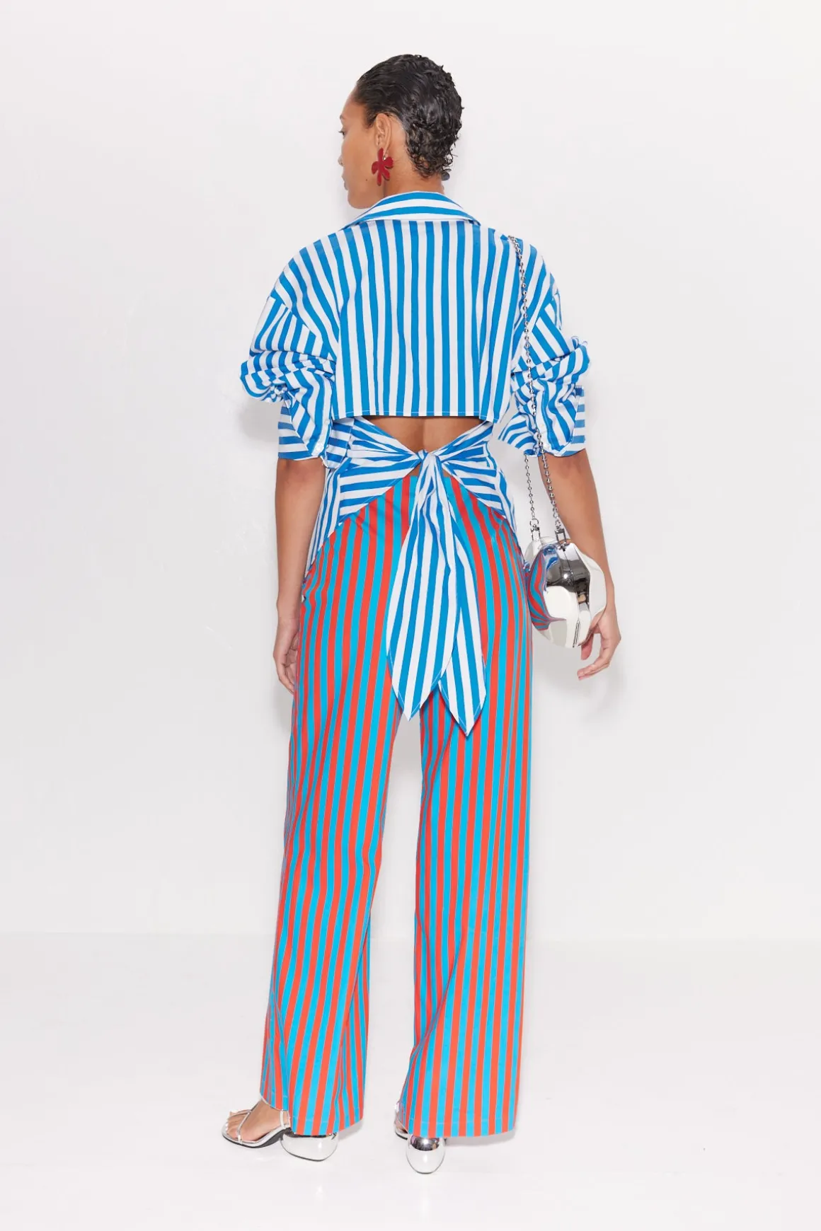 Pia Striped Poplin Pant in Blue/Paprika Stripe