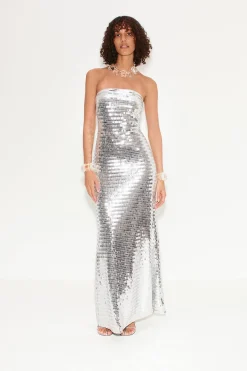 Sculpty Strapless Sequin Dress in Satellite Silver