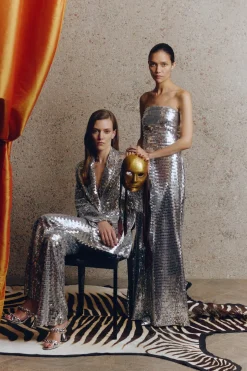 Sculpty Strapless Sequin Dress in Satellite Silver