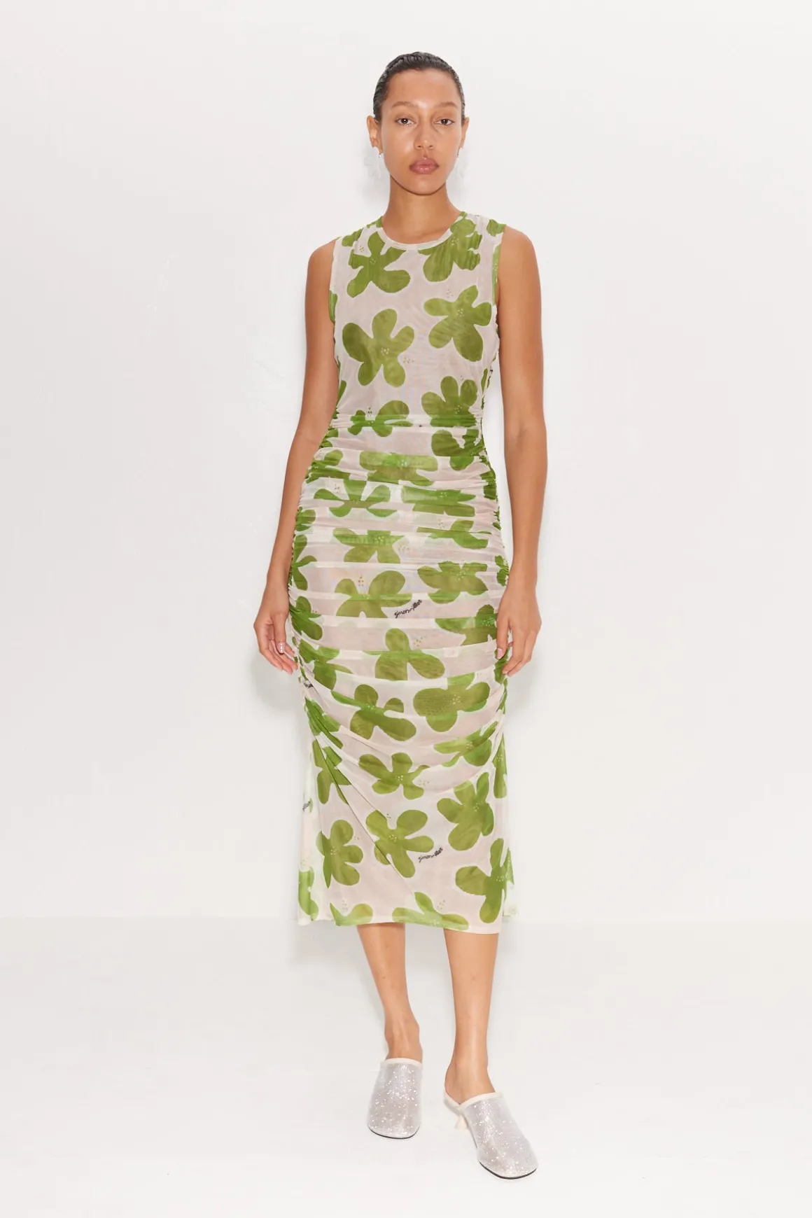 Tangier Printed Mesh Dress in Green/Seashell Floral