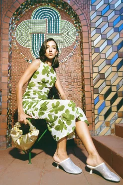 Tangier Printed Mesh Dress in Green/Seashell Floral