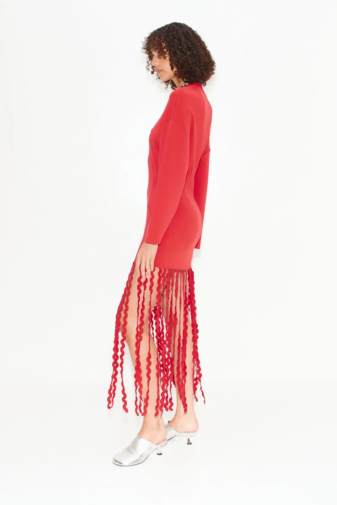 Wallis Knit Fringe Dress in Cherry Red