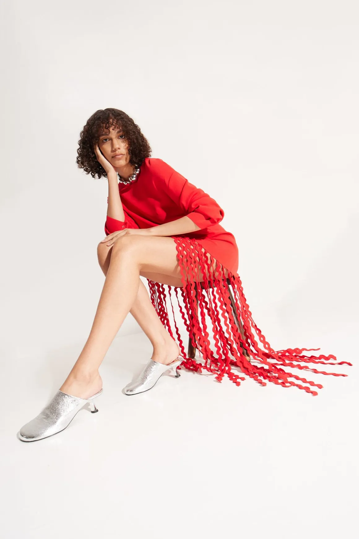 Wallis Knit Fringe Dress in Cherry Red